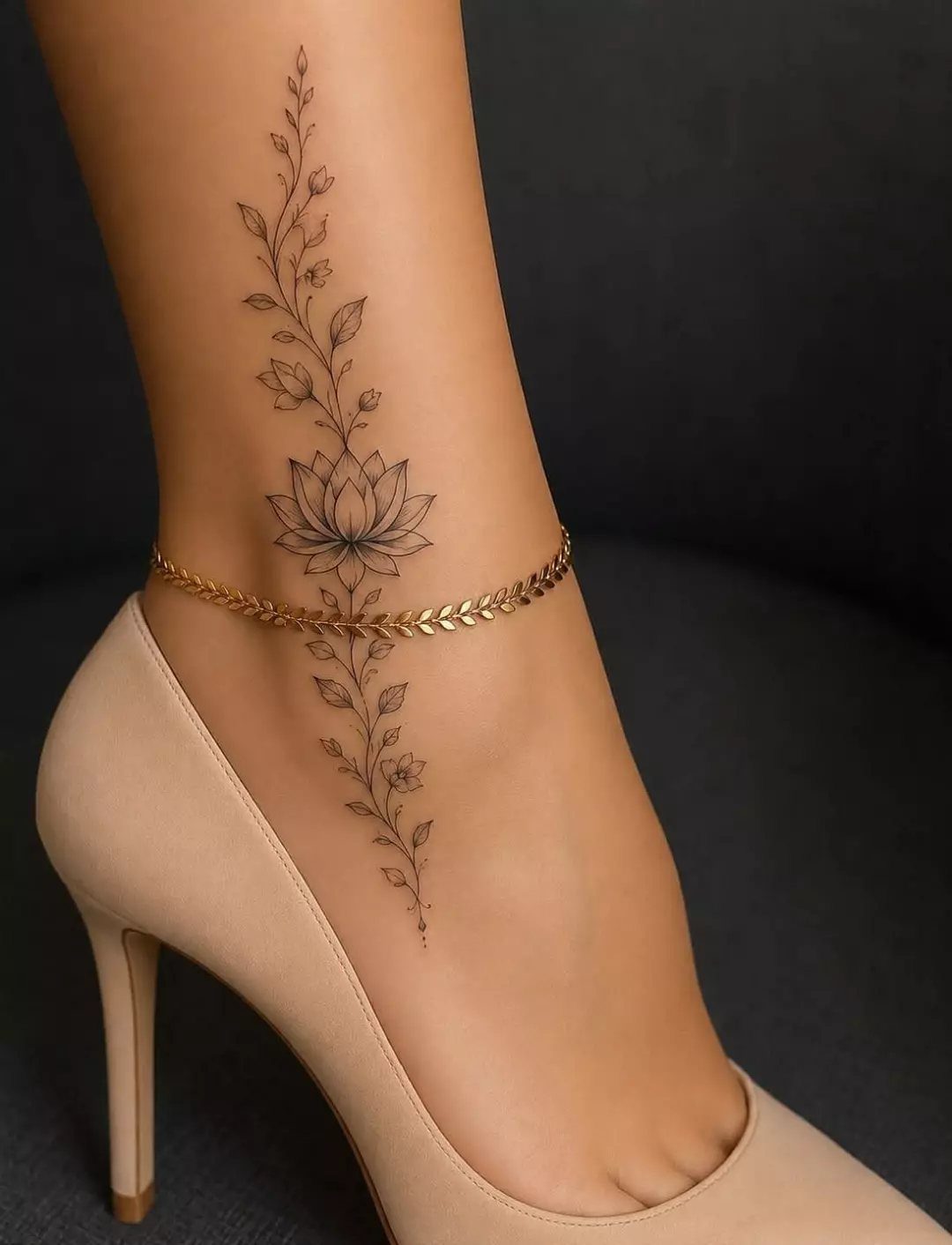 Lotus flower ankle tattoo with leafy vines and a gold chain anklet