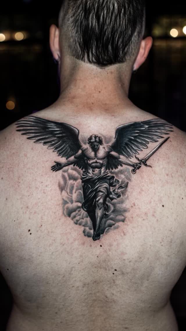 Muscular winged angel tattoo with a sword on a man's upper back.