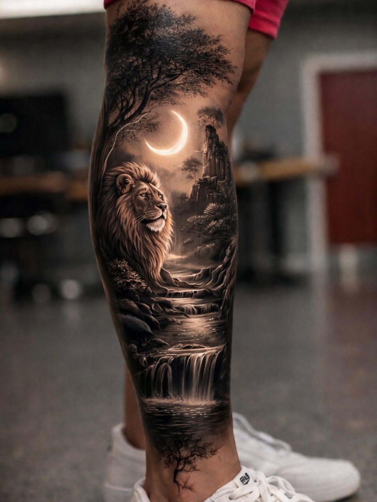 Lion tattoo on a lower leg featuring a waterfall, crescent moon, and rocky cliffs.