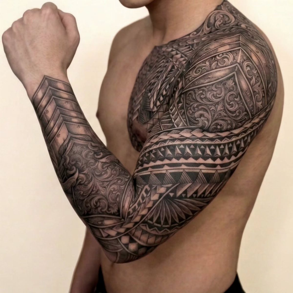 Man's arm and chest with a detailed black ink tribal tattoo design.