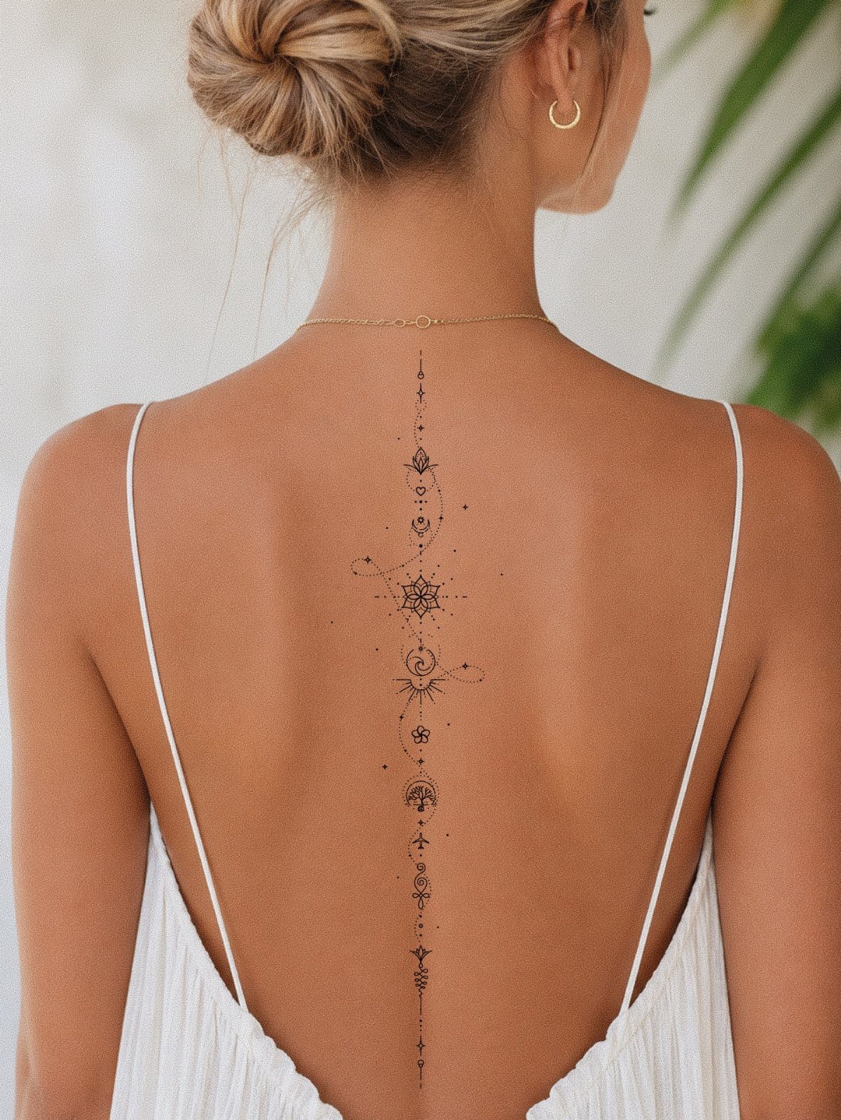 Woman's back with a vertical celestial tattoo featuring moon and sun symbols.