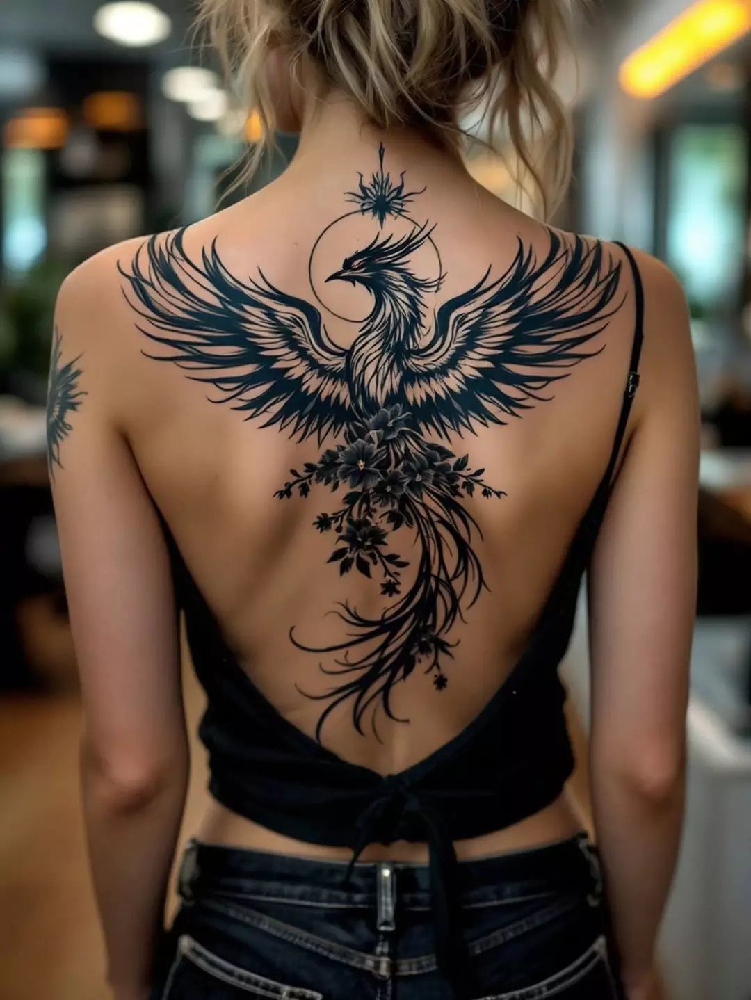Phoenix tattoo with outstretched wings and floral details on a woman's back.