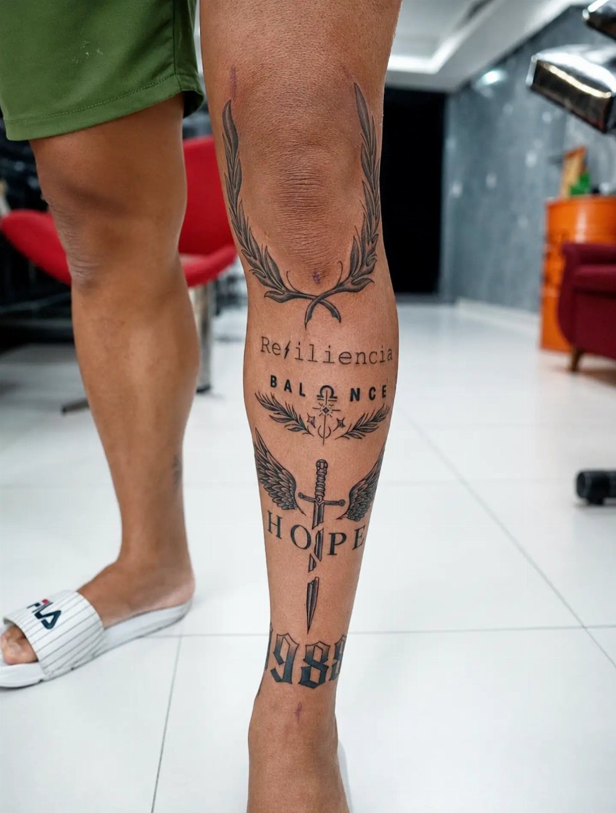 Lower leg with black ink tattoos featuring a winged sword and motivational text.