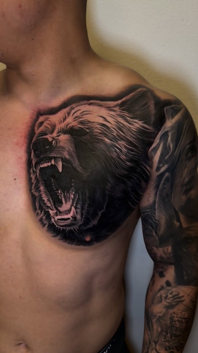 Roaring bear head tattoo on a man's chest and shoulder in black and grey.