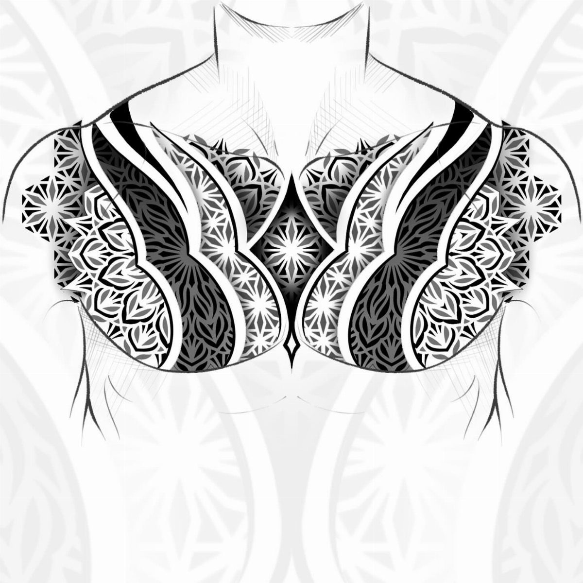 Symmetrical geometric tattoo design covering the upper chest and collarbones in black ink.