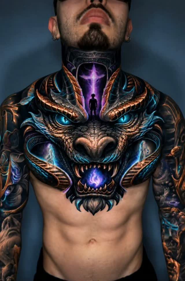 Detailed dragon head tattoo covering a man's chest and neck with glowing accents.