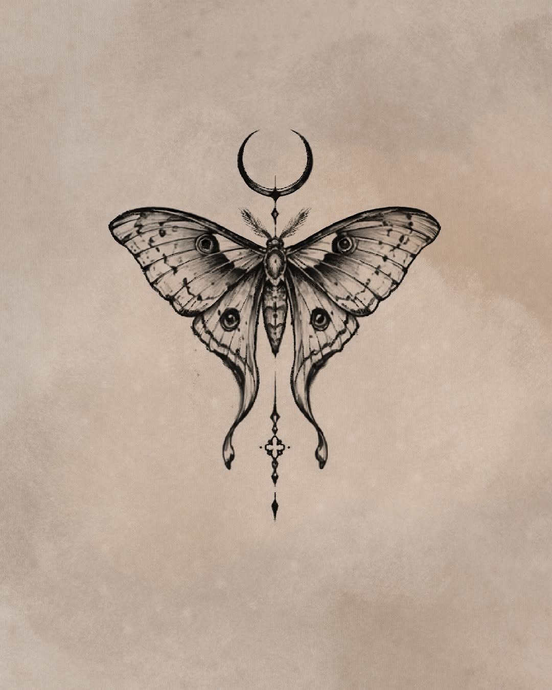Moth tattoo design with a crescent moon and decorative line on parchment paper