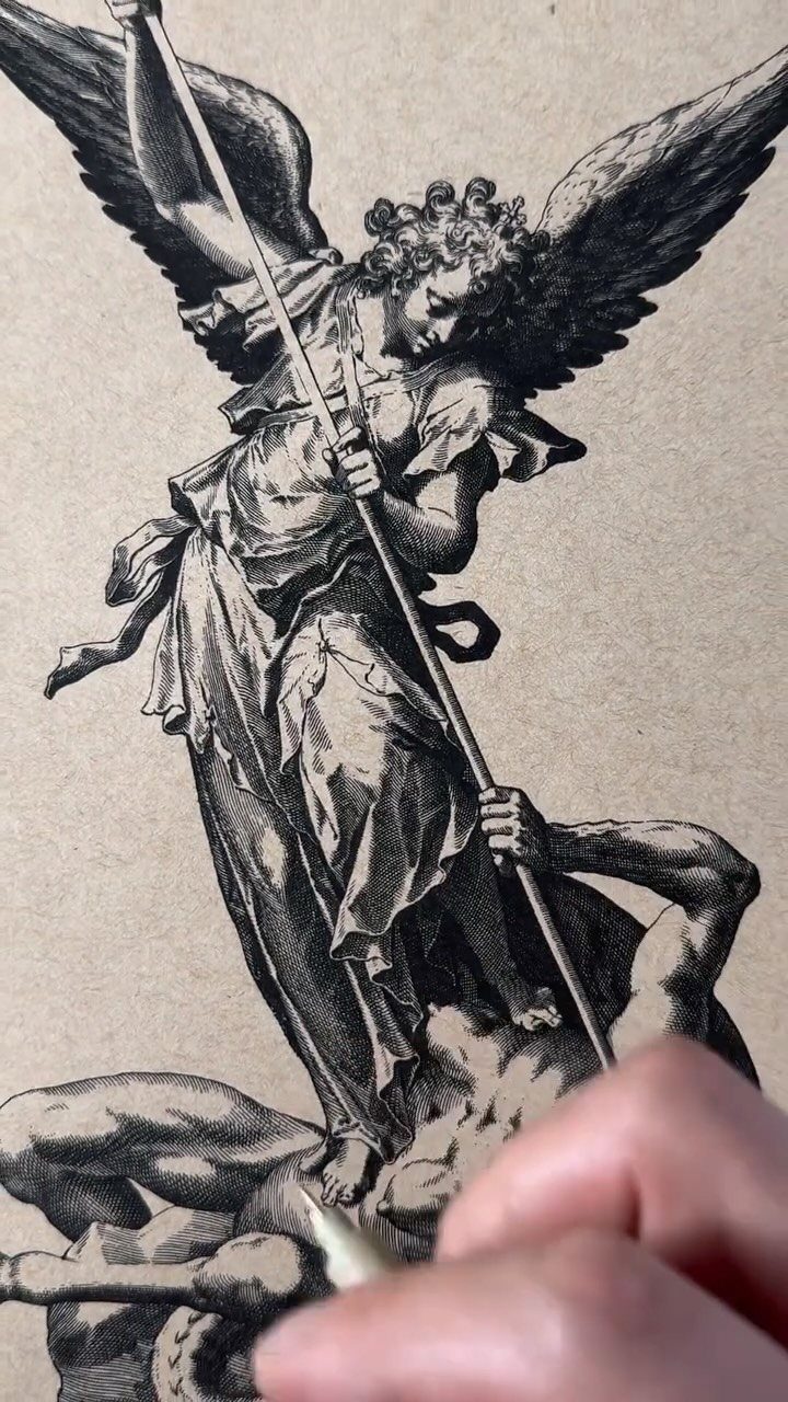 Winged angel drawing with a spear on tan paper being sketched by hand