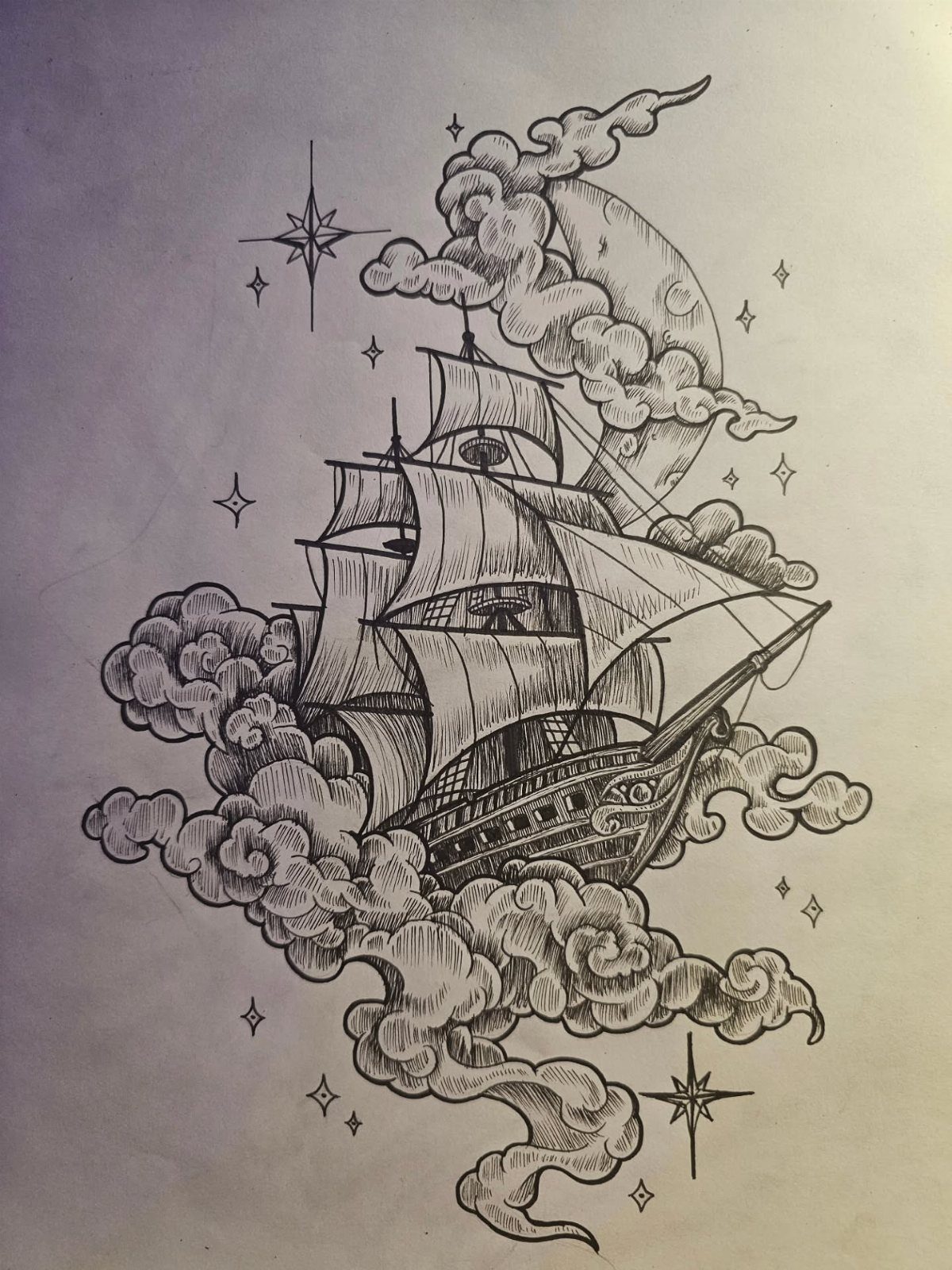 Sailing ship floating among swirling clouds with a crescent moon and stars.