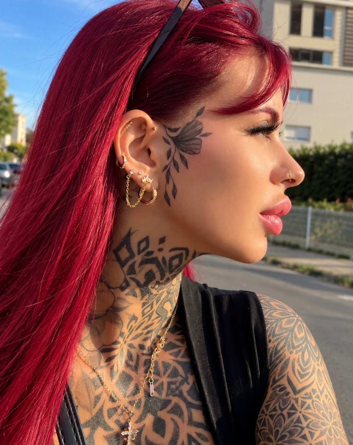 Woman with red hair and a black flower tattoo on her cheek.
