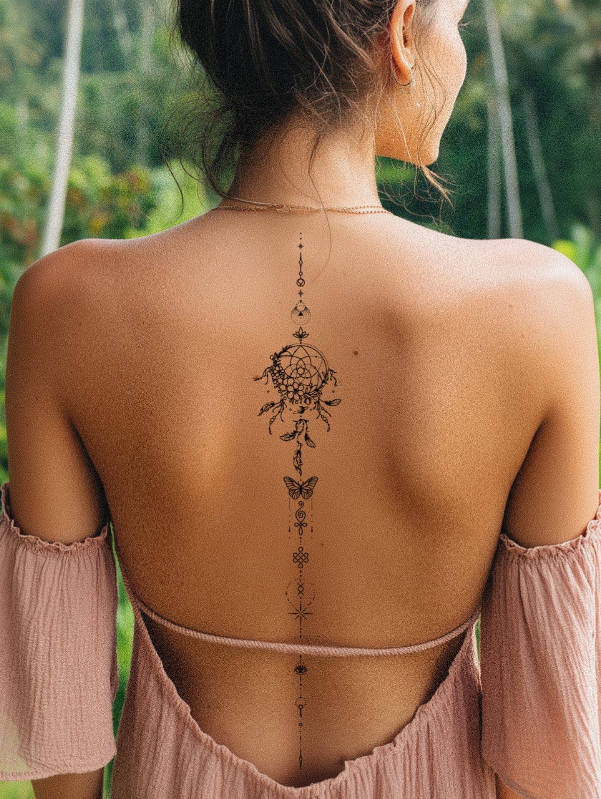 Woman's back with a vertical spine tattoo featuring a dreamcatcher and a butterfly.