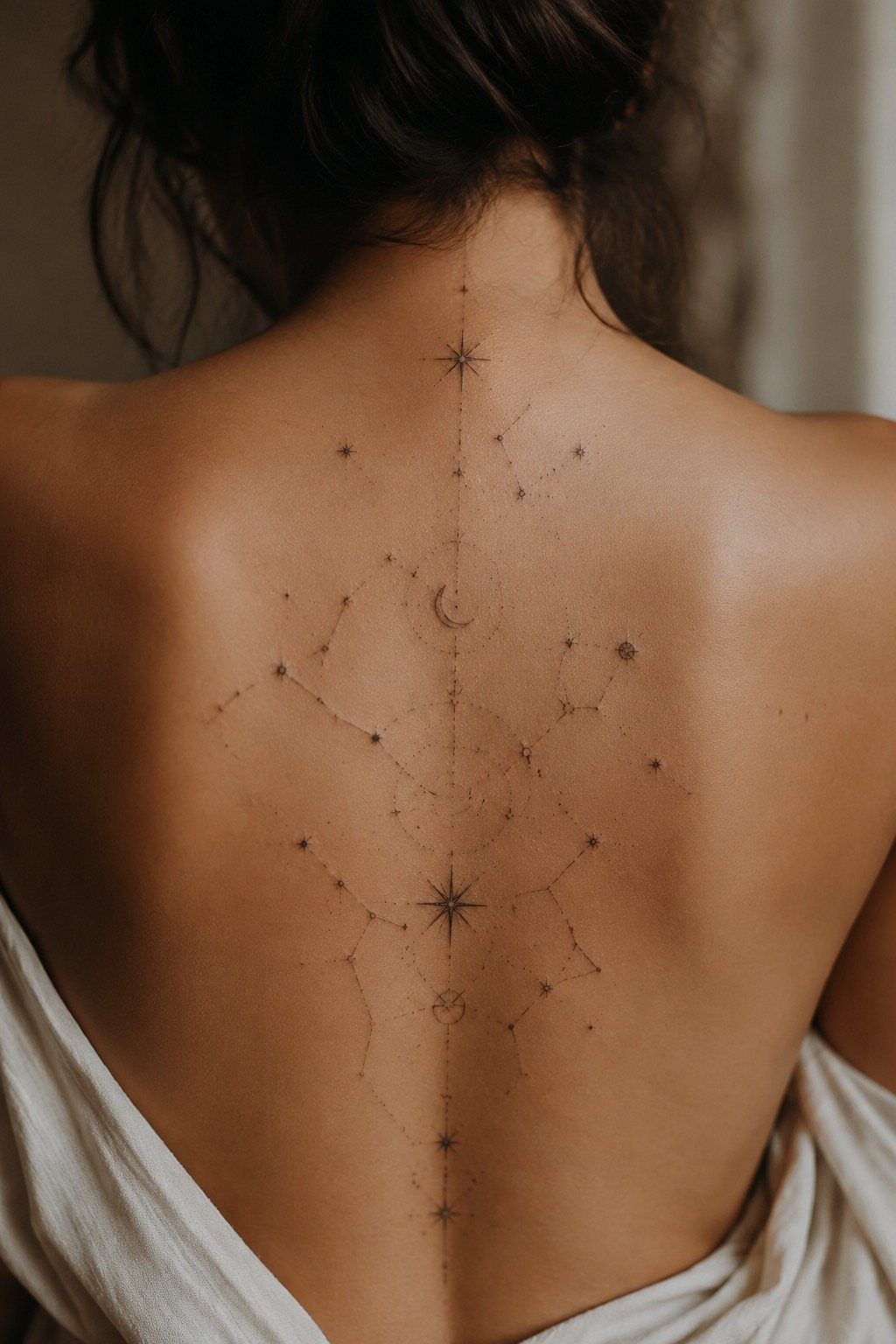 Woman's back with a celestial constellation tattoo featuring stars and moons along the spine
