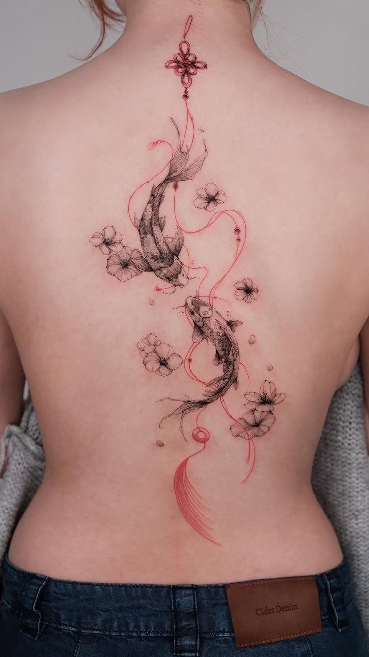Two black koi fish tattoos with red accents and blossoms on a woman's back.