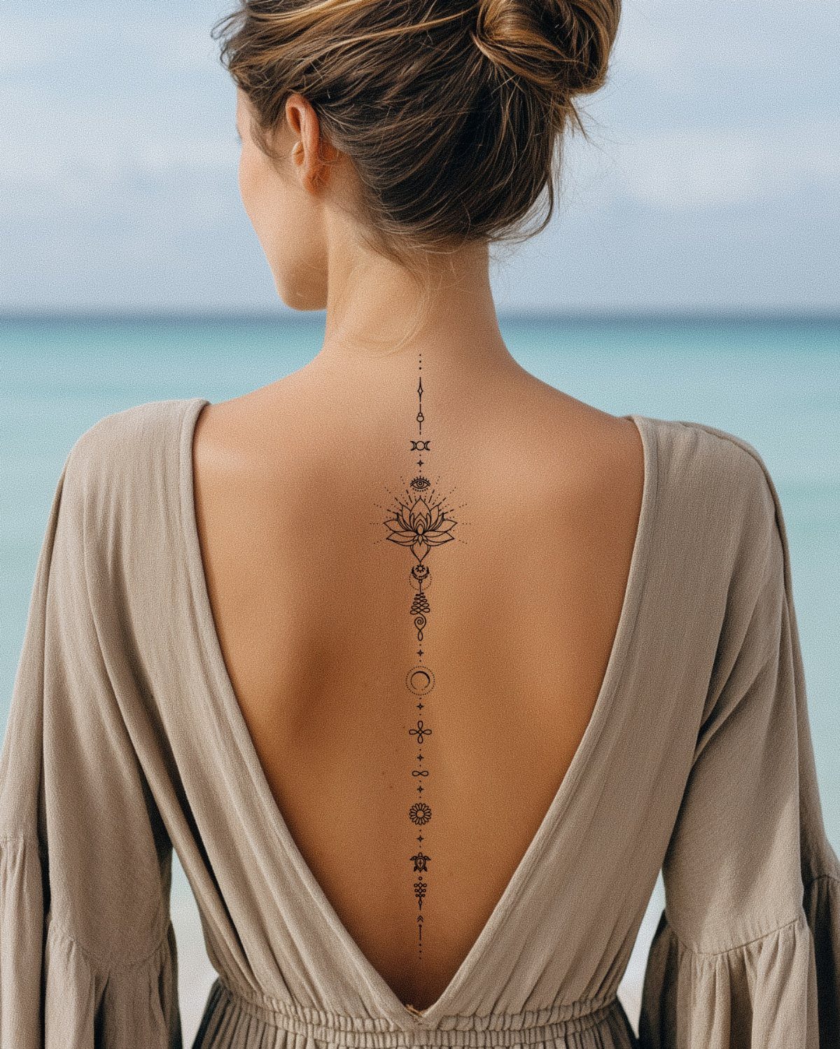 Woman's back with a vertical minimalist floral and geometric spine tattoo.