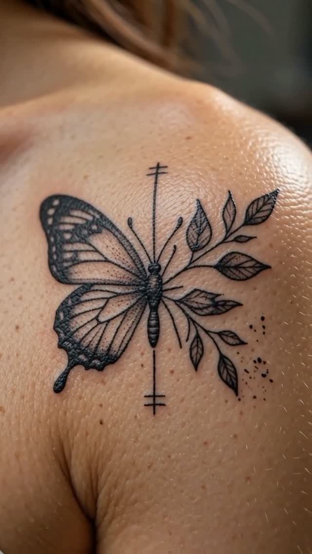 Butterfly tattoo on a shoulder with one wing made of delicate leaves.