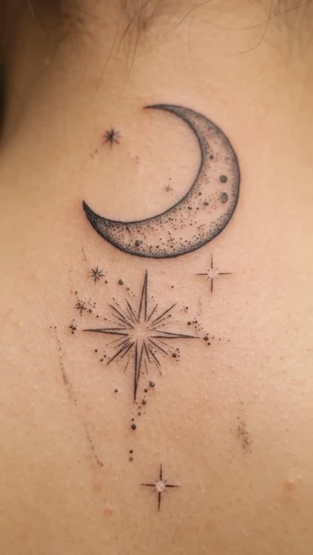 Crescent moon and star tattoos with fine line details on skin.