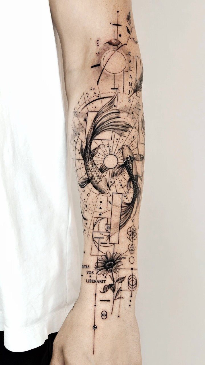 Koi fish tattoo on a man's forearm with geometric lines and a sunflower.