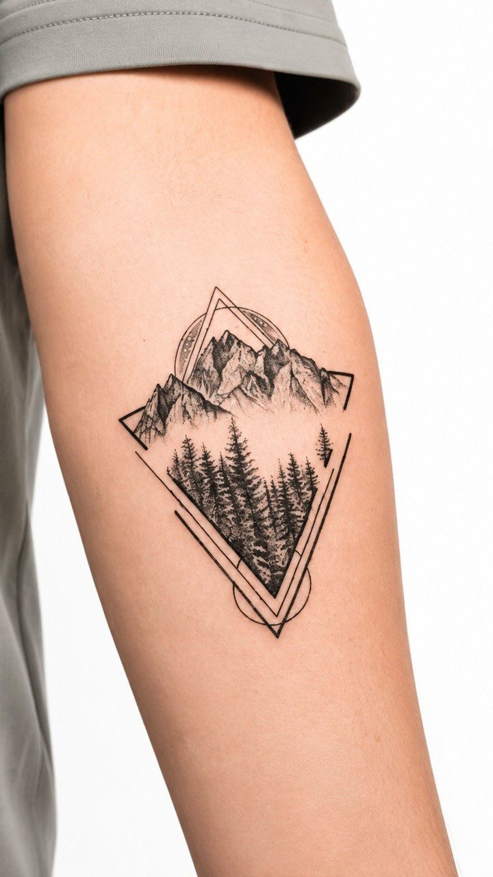 Geometric mountain tattoo on a man's arm featuring a forest and sun.