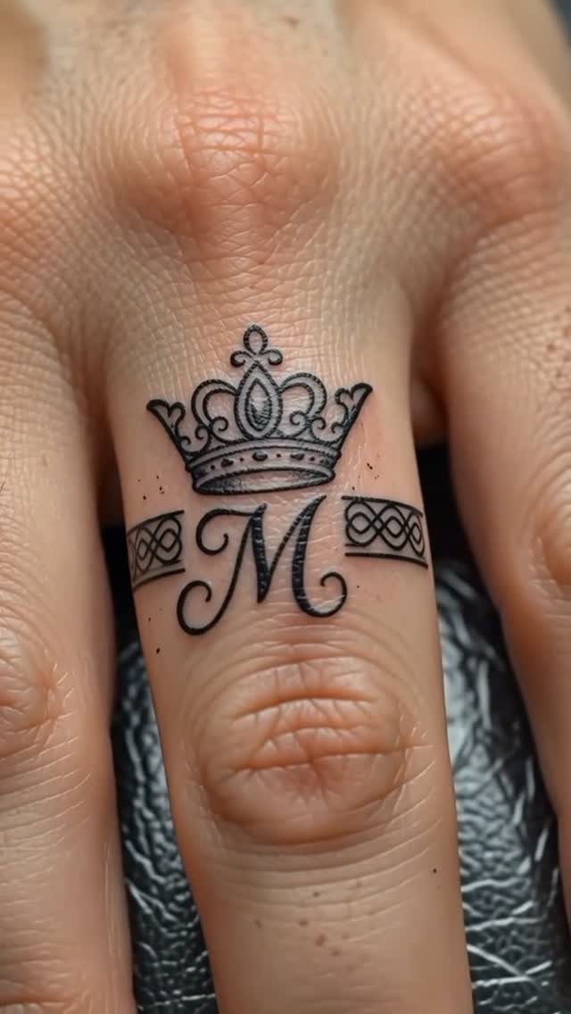 Finger tattoo featuring a royal crown above a band with the letter M