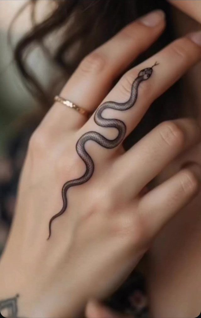 Snake tattoo winding from the hand up to the index finger of a person.