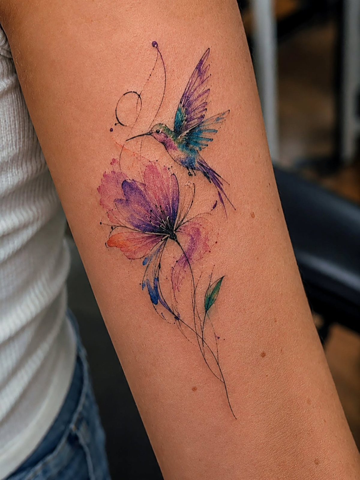 Watercolor tattoo of a hummingbird and flower with colorful ink splashes on arm