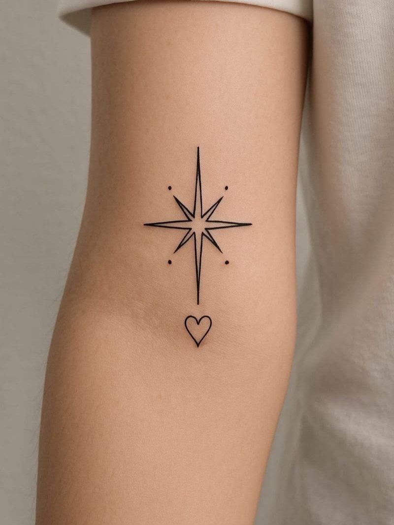 Small black star and heart tattoo on the inner arm of a person