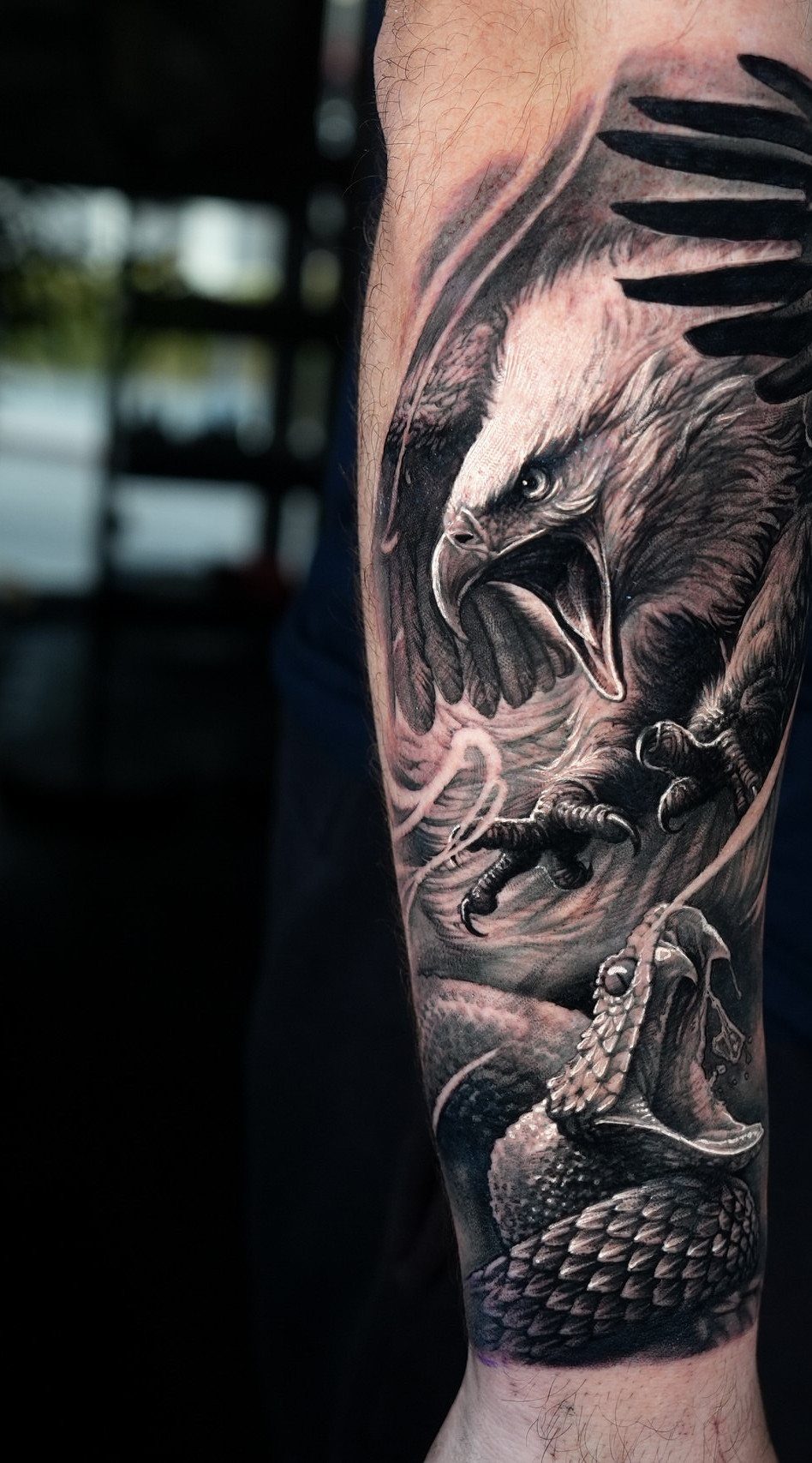 Detailed black and grey tattoo of an eagle and snake on a forearm.