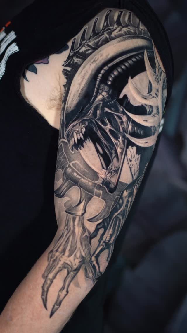 Xenomorph alien tattoo in black and grey realism on a person's upper arm.