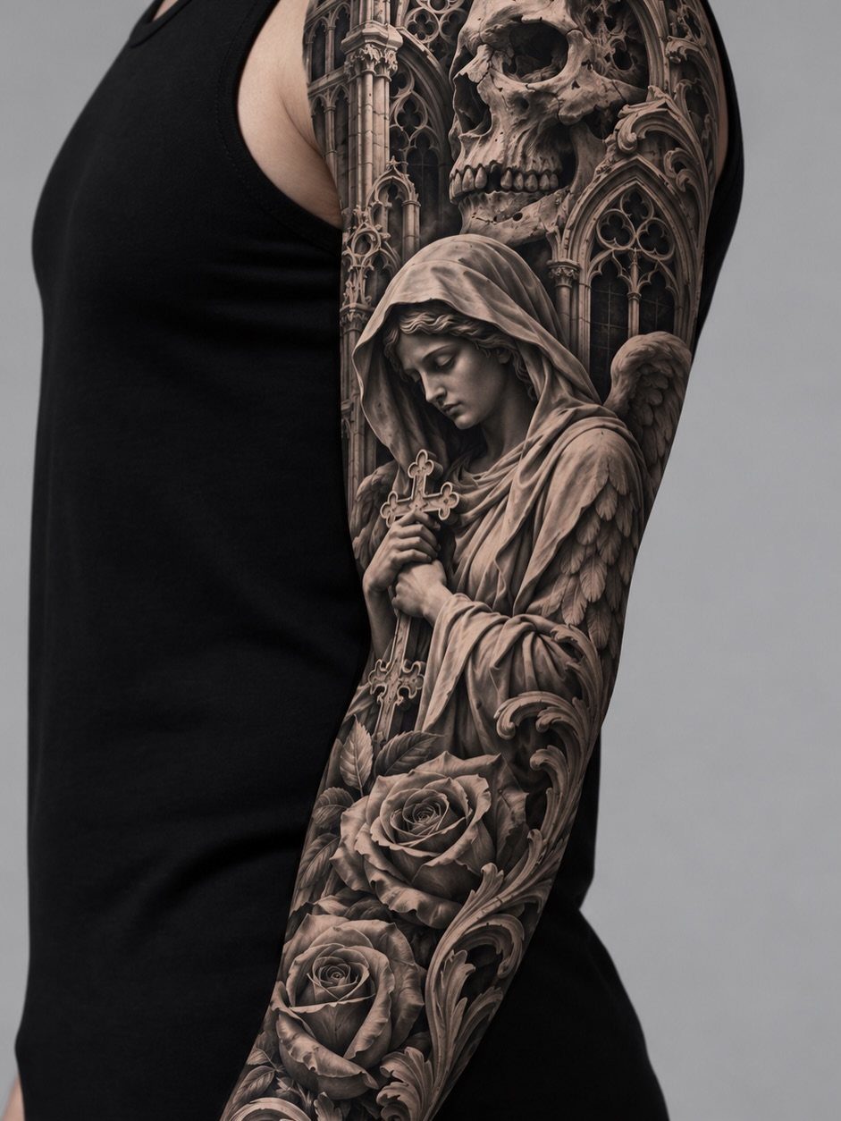 Detailed black and grey realism tattoo of an angel, skull, and roses on an arm