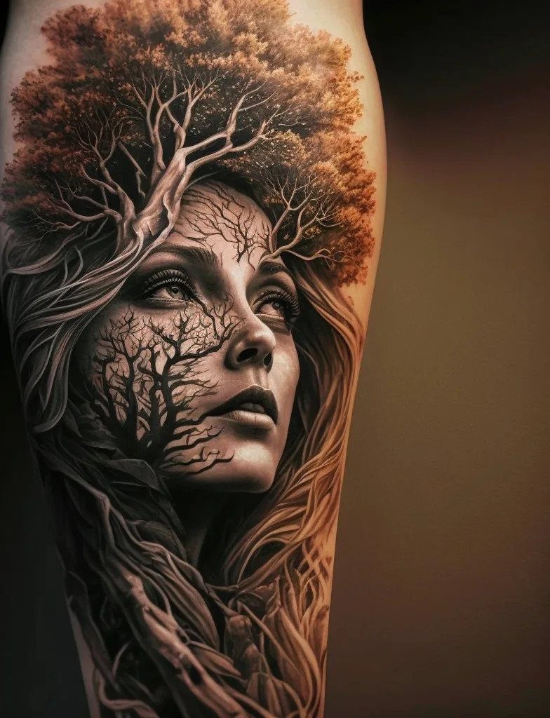 Woman's face merging with a detailed tree tattoo with brown autumn leaves.