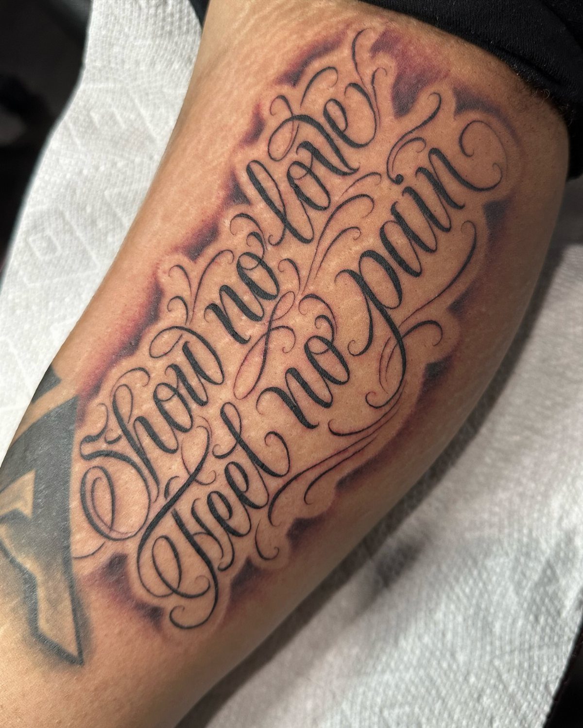 Script tattoo on inner bicep reading Show no love Feel no pain with flourishes.