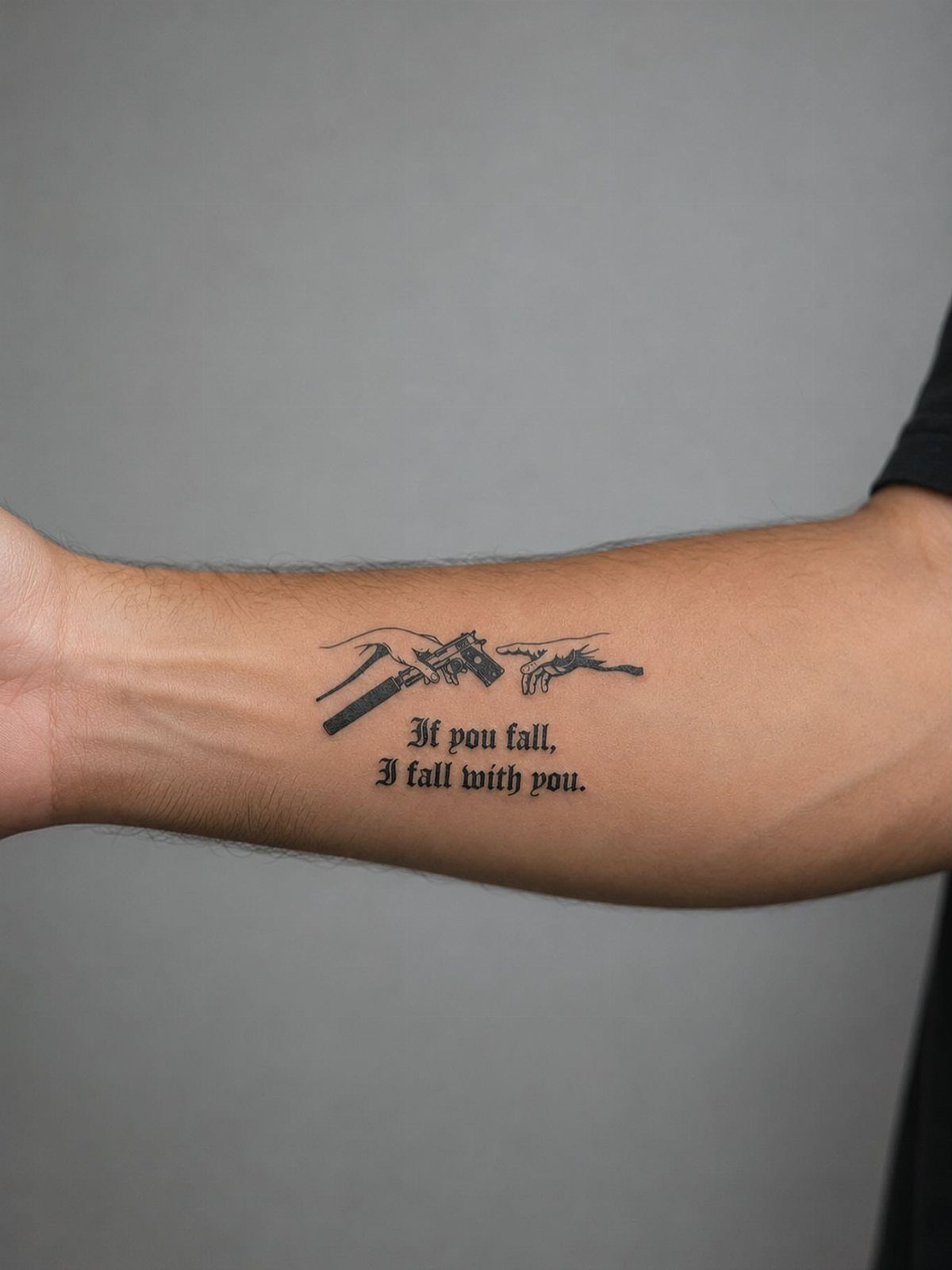 Inner forearm tattoo with a small illustration and the quote If you fall, I fall with you.