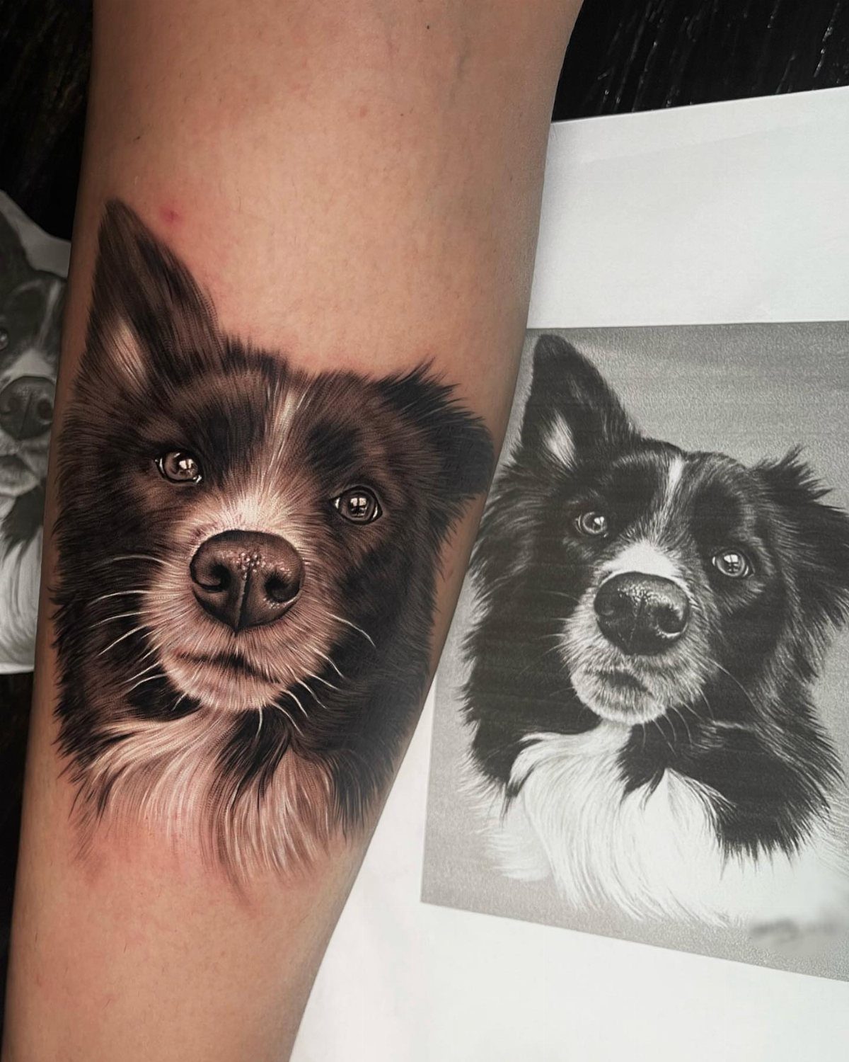 Dog face tattoo on a leg next to the original reference photo.