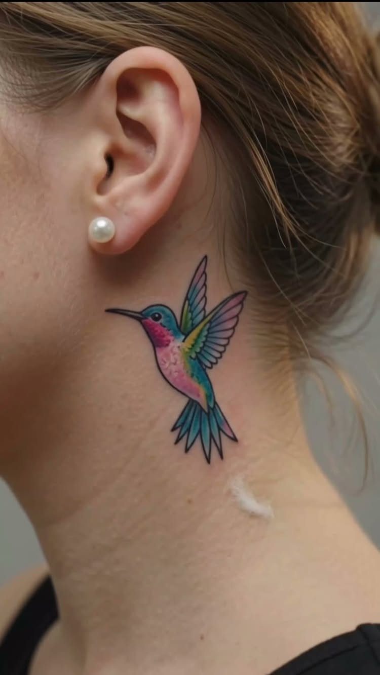 Woman's neck featuring a colorful hummingbird tattoo with pink and blue plumage.