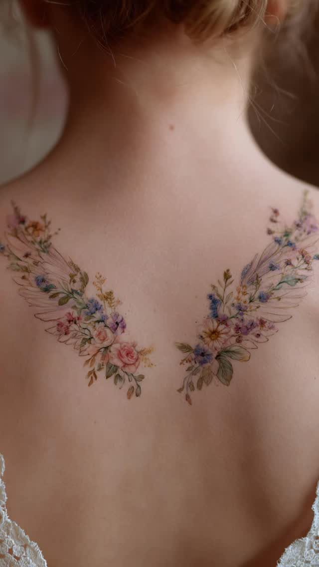 Wing-shaped tattoos with colorful flowers and feathers on a woman's upper back