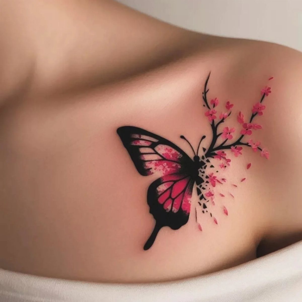 Butterfly and cherry blossom tattoo on a woman's shoulder with pink and black ink.