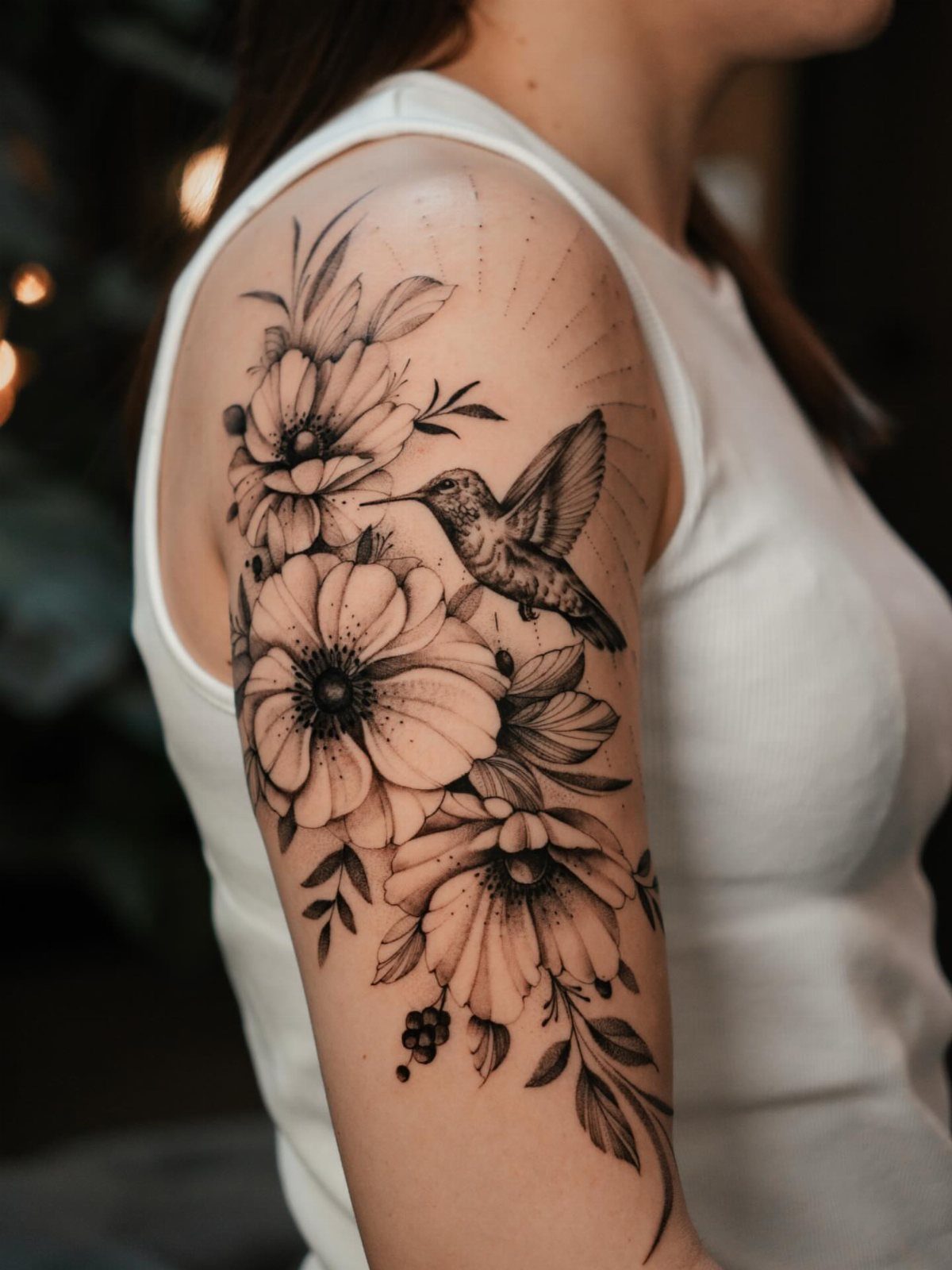 Hummingbird tattoo hovering over blooming flowers on a woman's shoulder and upper arm.