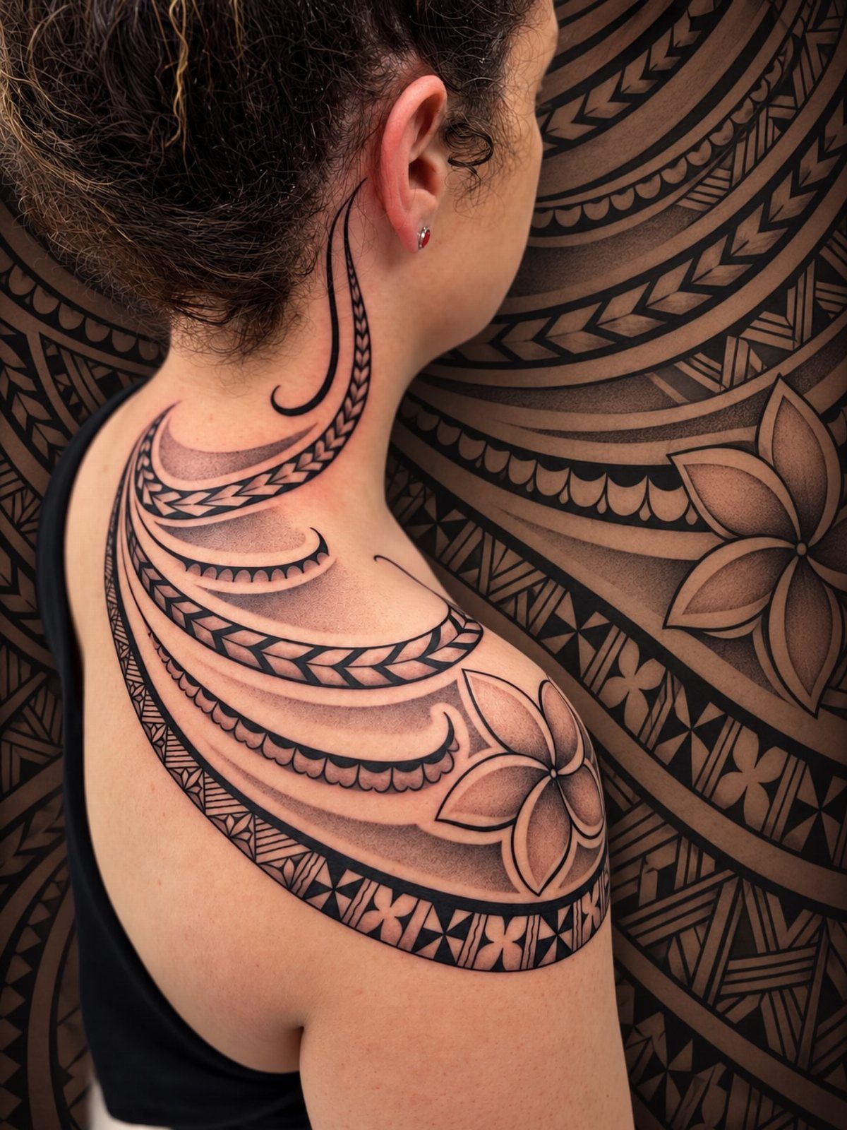 Tribal-inspired decorative line tattoo on a woman's shoulder and neck with floral accents.