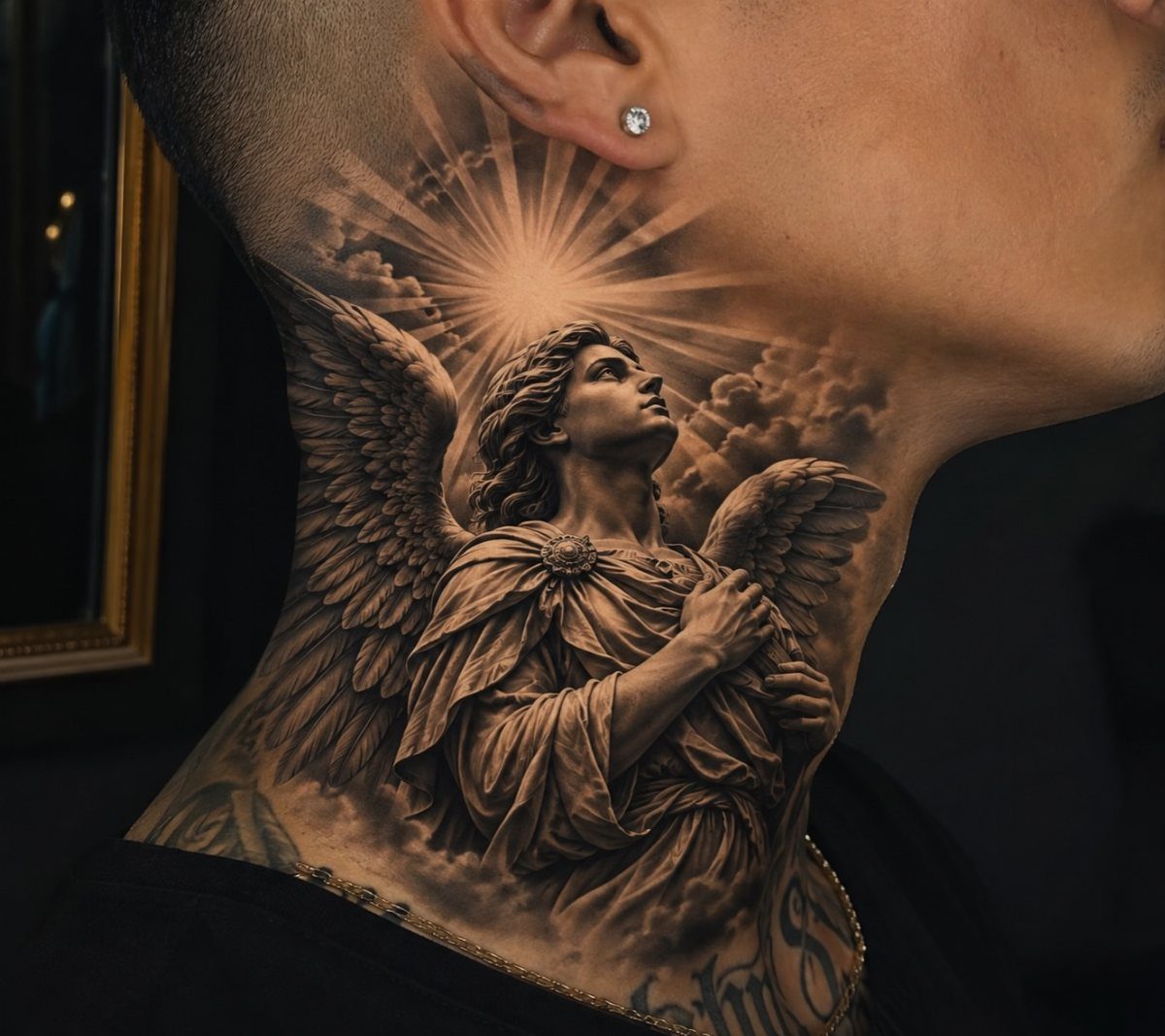 Angel with wings tattoo on a person's side neck with radiating sun rays.