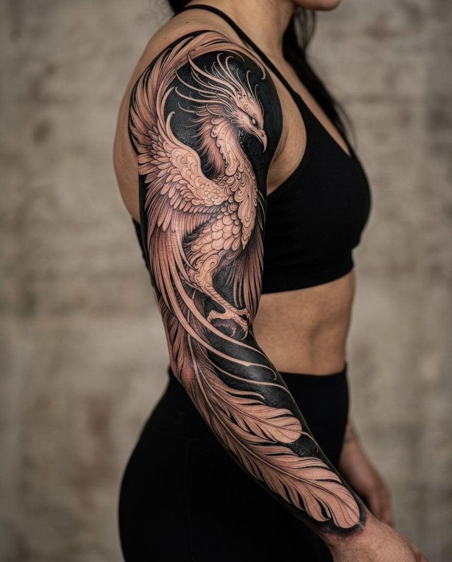Phoenix sleeve tattoo on a woman's arm with detailed black and grey ink.