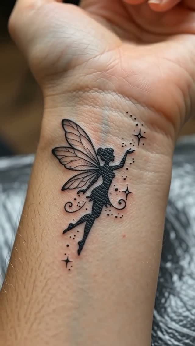 Fairy tattoo with wings and stars on a person's inner wrist.