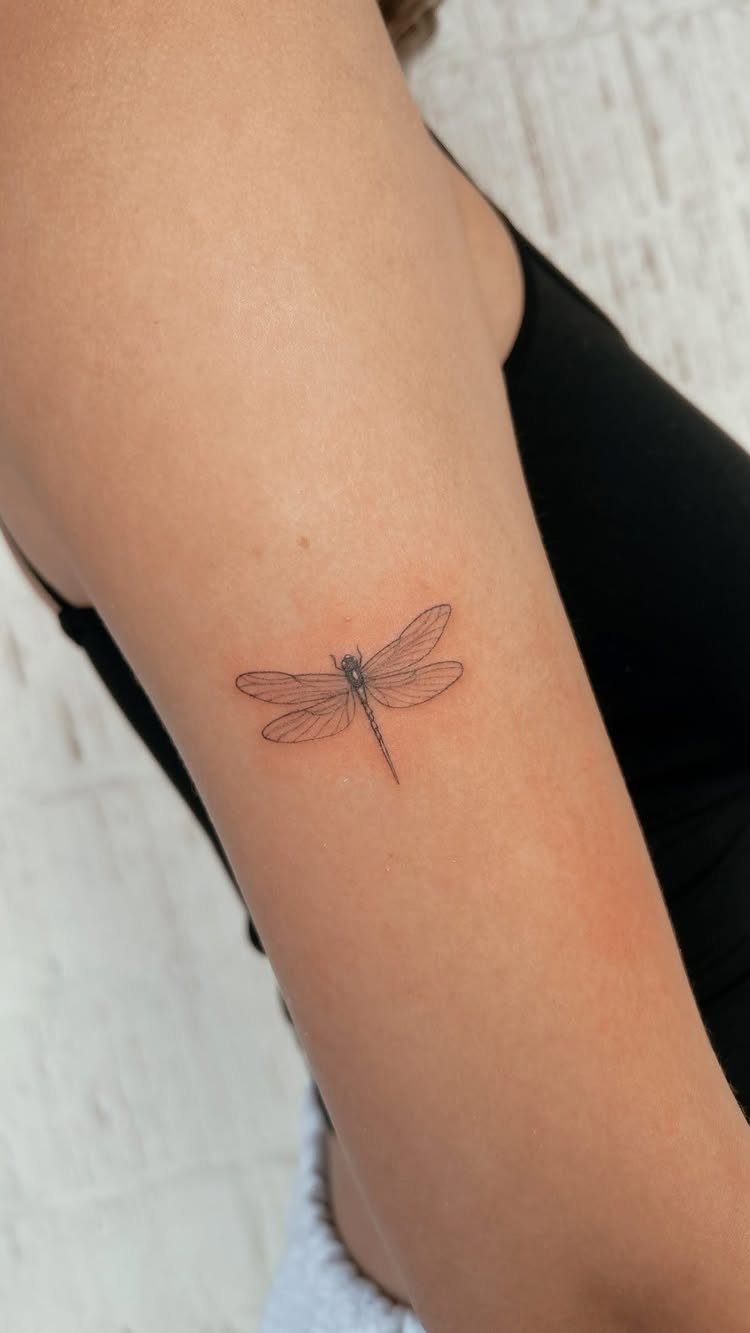 Small black ink dragonfly tattoo on the upper arm of a person.