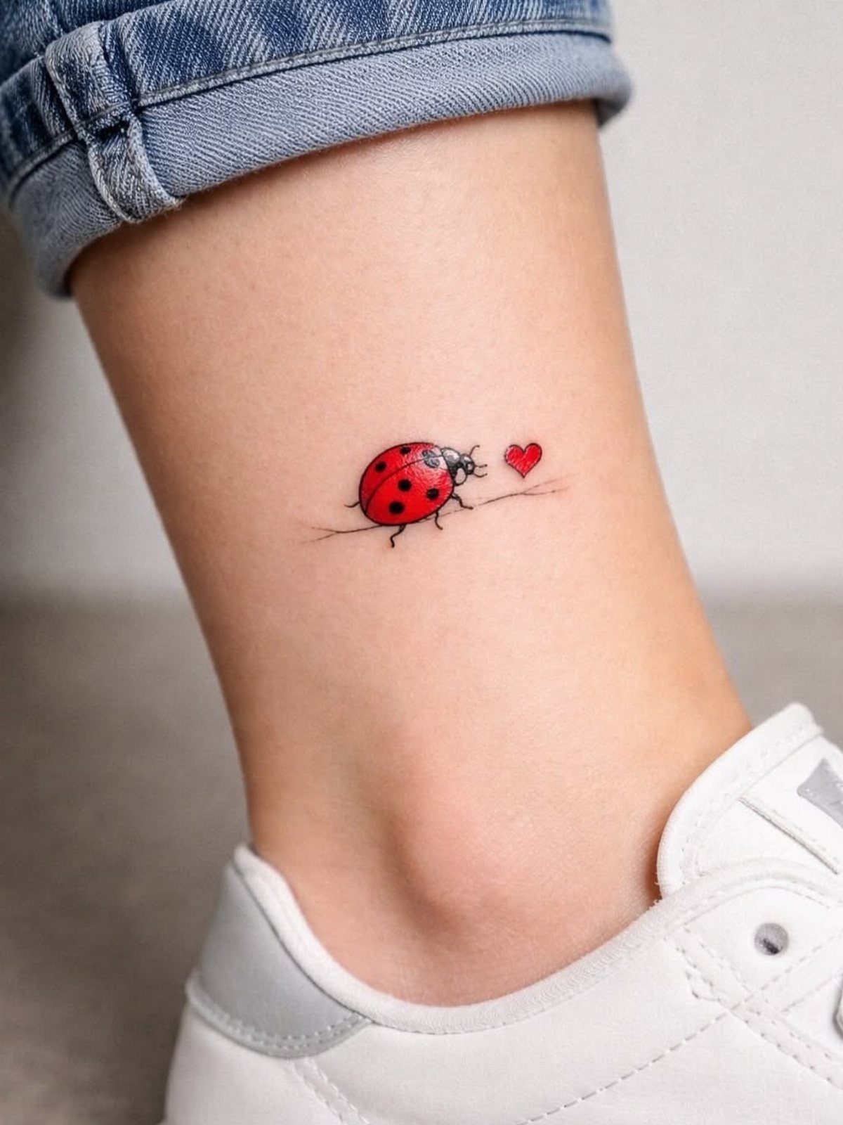 Small red ladybug tattoo with a tiny heart on a person's ankle