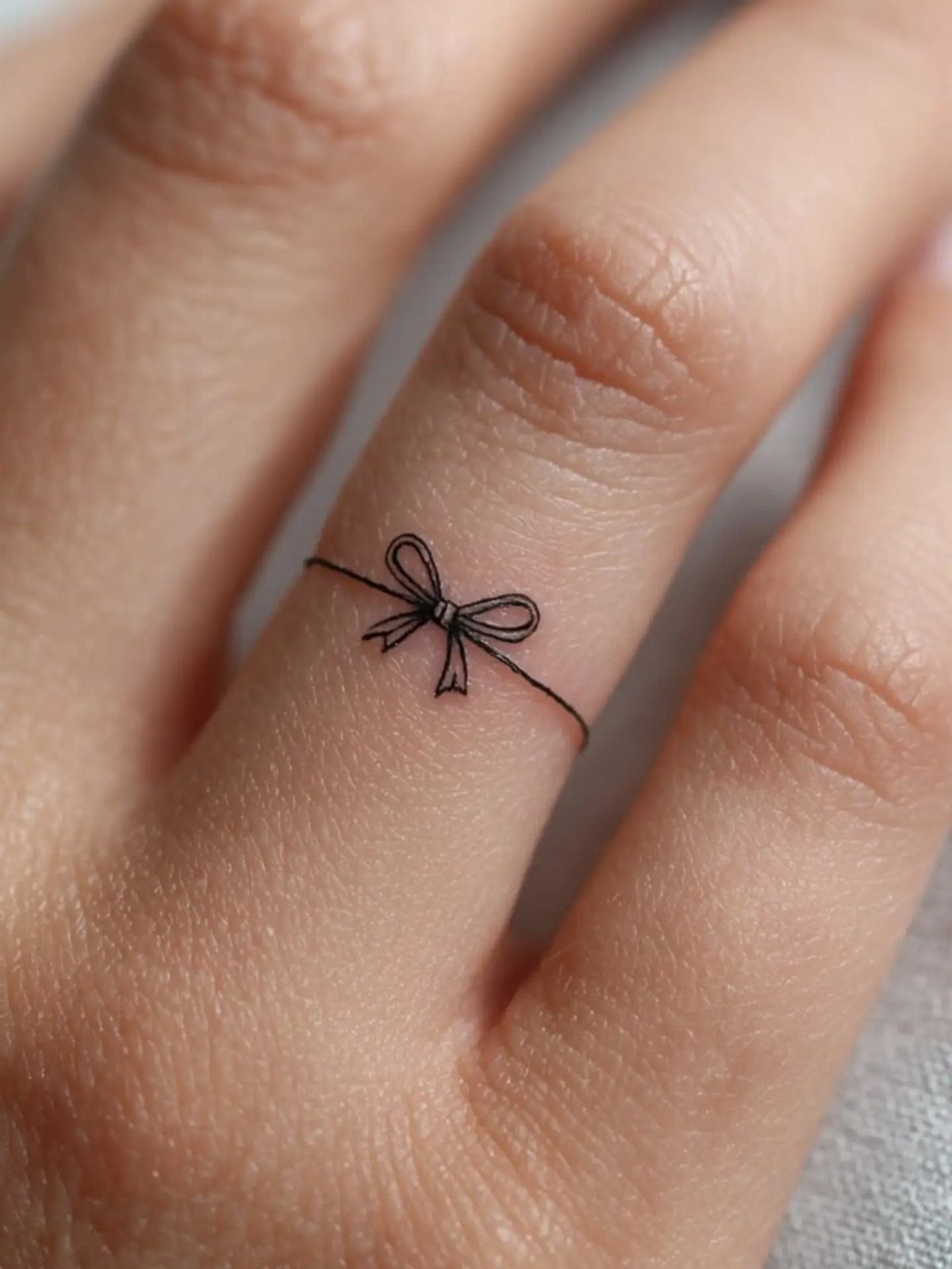 Small black bow tattoo wrapped around a person's middle finger.