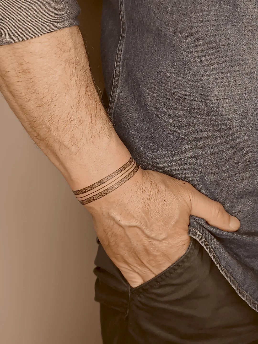 Man's wrist with a tattoo of three thin black parallel bands wrapping around.