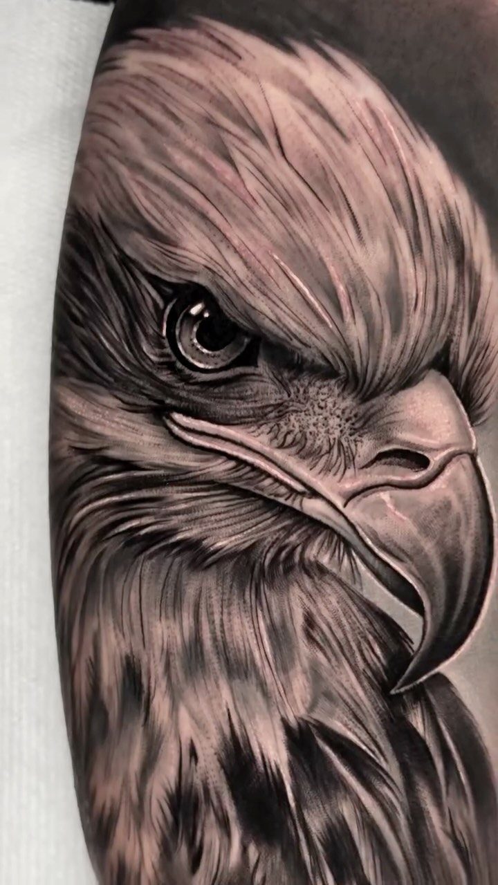 Bald eagle head tattoo in black and grey ink on human skin.