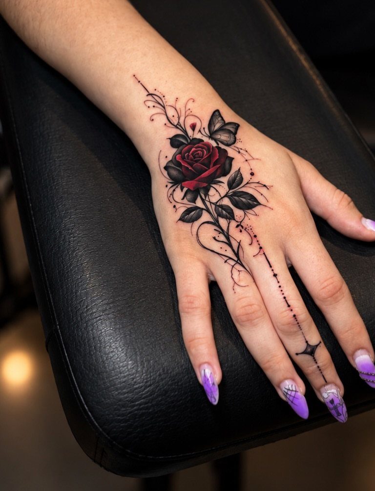 Red rose tattoo with black leaves and a butterfly on a person's hand.