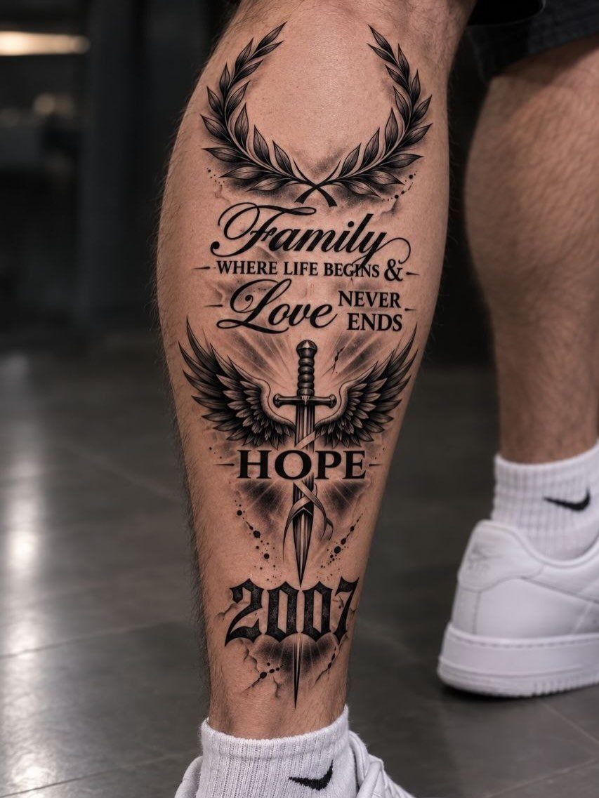 Black ink tattoo on a man's calf featuring a winged dagger and script text