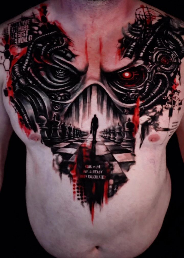 Biomechanical skull and chessboard tattoo covering a man's full chest with red accents