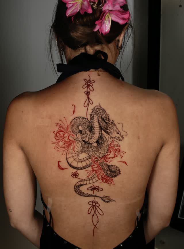 Woman's back with a detailed black and red dragon tattoo along the spine.